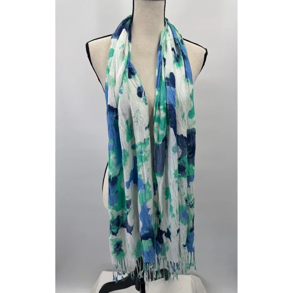 Watercolor Teal Blue White Scarf Shawl Wrap Artsy Coastal Marine Fringe Mermaid
